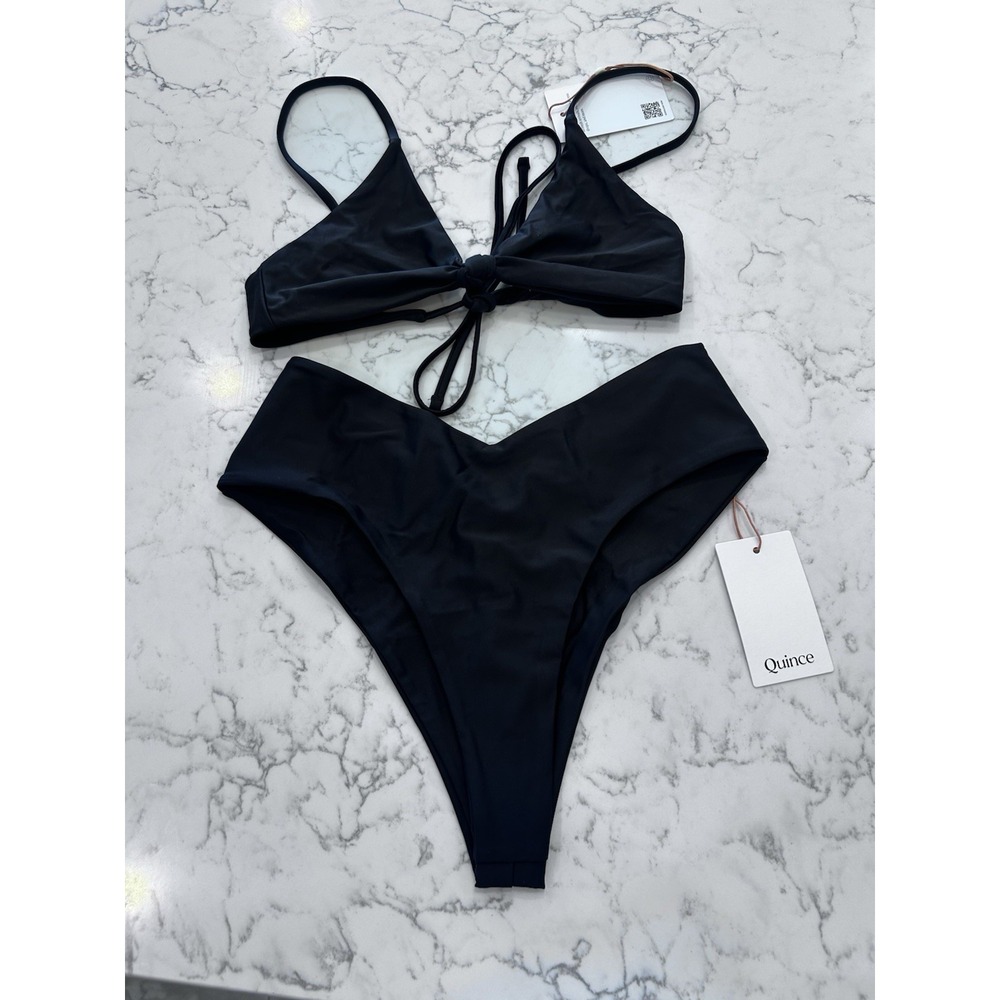 NWT Quince Black Knot Tie Bikini Top & Italian V Cut High Leg Bottom Set Medium